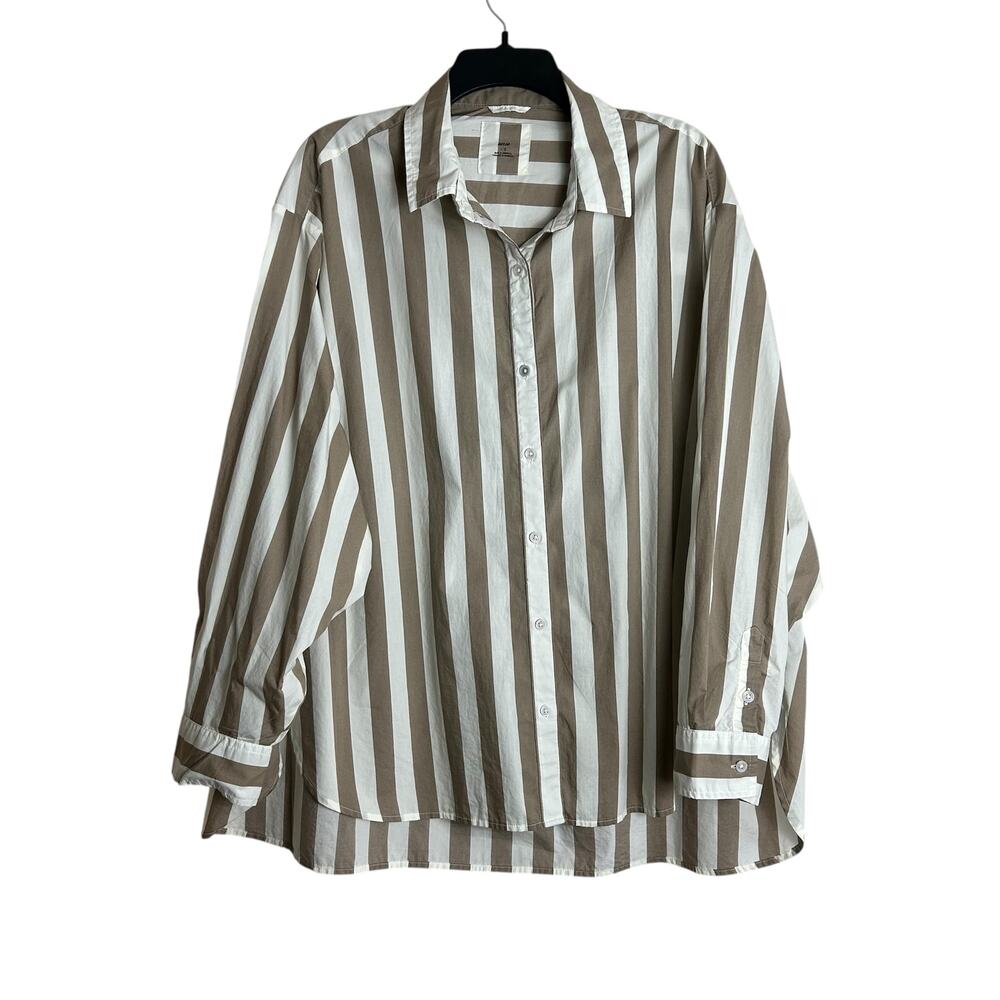 Aerie Good Day Button Down Shirt Striped Large Beige Tan White NWOT